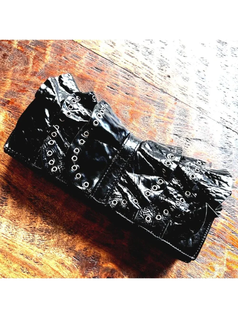 Black Real Patent Leather Susan Farber Clutch With Ruffle & Grommet Detailing 10